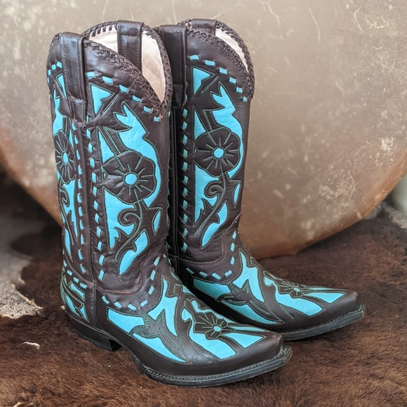 Lane Boots Shoes - LANE "Poison" turquoise & dark espresso floral overlay snip toe cowgirl boots 7
